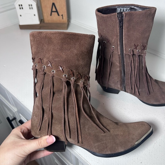 Oak Tree Farms Brown Suede Fringe Ankle Boots Women’s 8.5 Western Boho Side Zip - Picture 6 of 8